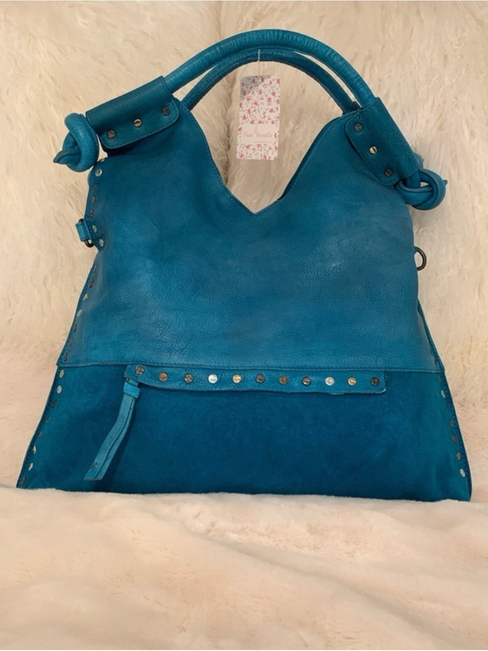 Free People We the Free Women's Blue Leather Valencia Studded Tote Handbag NWT